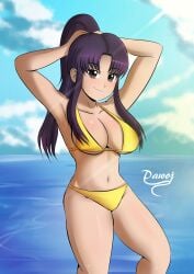 1girls armpits arms_behind_head big_breasts bikini breasts brown_eyes busty cleavage highres katsuragi_misato large_breasts legs long_hair looking_at_viewer mature mature_female mature_woman misato_katsuragi navel neon_genesis_evangelion ocean ponytail pose posing purple_hair sensual sexy_armpits smile solo swimsuit thighs water yellow_bikini