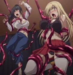 2girls anime_screencap kitamichi_makoto minami_mion multiple_girls ova rakuen_shinshoku_island_of_the_dead screenshot stitched tentacles