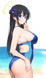 1girls 2023 ass back_cutout beach big_ass big_breasts black_hair blue_eyes blush breasts busty clothing_cutout competition_swimsuit from_side halo highres large_breasts light_smile long_hair looking_at_viewer looking_to_the_side marvelous one-piece_swimsuit ryouki_(senran_kagura) senran_kagura sensual sideboob signature smile solo straight_hair swimsuit yaegashi_nan