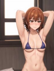 1girls ai_generated armpits arms_behind_head bikini breasts brown_eyes brown_hair female female_only grand_blue navel pose posing sensual sexy_armpits short_hair small_breasts solo