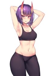 1girls armpits arms_behind_head breasts demon_horns fate_(series) female female_only highres horns kuavera legs looking_at_viewer medium_breasts midriff naughty_face navel oni_horns pants pose posing purple_eyes purple_hair sensual sexy_armpits short_hair shuten_douji_(fate) smile solo sports_bra sportswear sweat thick_thighs thighs tongue tongue_out yoga_pants