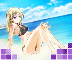 1girls artist_request beach bikini blonde_hair human human_only long_hair looking_at_viewer magia_record:_mahou_shoujo_madoka_magica_gaiden magical_girl mahou_shoujo_madoka_magica outdoors outside puella_magi_madoka_magica purple_eyes sand sea seaside solo solo_female solo_focus yukino_kanae