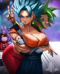 1boy 2girls big_breasts blue_eyes blue_hair champa cleavage cross dragon_ball dragon_ball_super dragon_ball_z elitenappa female female_vegito god_of_destruction green_hair kafla kefla large_breasts legendary_super_saiyan light-skinned_female light_skin looking_at_viewer male nipple_bulge peace_sign potara_earrings potara_fusion rule_63 super_saiyan super_saiyan_2 super_saiyan_blue thick_thighs thighs universe_6 universe_6/universe_7 universe_6_girls universe_6_saiyan/universe_7_saiyan vegetto vegito wide_hips