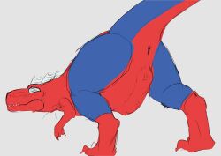 anus bored_draggy18 bulge clothing dinosaur feral genitals hi_res male marvel penis reptile scalie solo spider-man_(series) spider-rex suit theropod tyrannosaurid tyrannosaurus