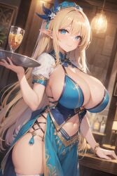 1girls 2023 ai_generated anime_nose bar_maid blonde_hair blue_eyes breasts_bigger_than_head cleavage clothed_female elf elf_female female female_only huge_breasts long_hair pointy_ears seductive_look stable_diffusion voluptuous voluptuous_female