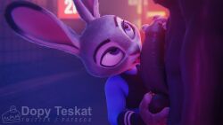 1boy 1girls 3d 3d_(artwork) anthro big_penis bunny_ears bunny_girl clothed_female_nude_male clothing dark-skinned_male dark_skin disney dopyteskat duo female furry judy_hopps licking_penis male penis petite purple_eyes testicles watermark zootopia