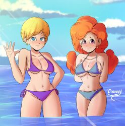 2girls angela_(dragon_ball) arms_behind_back artist_name beach big_breasts bikini blonde_hair blue_eyes blush breasts busty cleavage dragon_ball dragon_ball_z erasa female female_only hand_on_hip highres large_breasts legs looking_at_viewer multiple_girls navel ocean orange_hair pose posing purple_eyes seductive_smile sensual short_hair smile swimsuit thighs voluptuous water