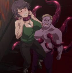 1boy1girl 1girls choking eira_kishida female kishida_eila male_monster monster rakuen_shinshoku_island_of_the_dead restrained screenshot stitched tentacles