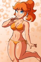 1girls alternate_hairstyle ass barefoot big_breasts bikini breasts busty cleavage earrings feet female female_only grin highres jewelry large_breasts mario_(series) nintendo orange_bikini orange_hair ponytail pose posing princess_daisy shiny_skin solo standing standing_on_one_leg swimsuit thick_thighs thighs v voluptuous witch_lazuli