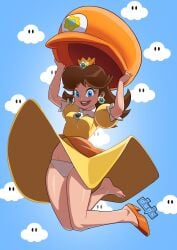 1girls barefoot clouds crown dress dude-doodle-do flashing_panties happy high_heels mario_(series) panties pantyshot parachute_cap pinup princess_daisy solo super_mario_bros._wonder toes upskirt white_panties