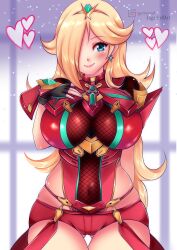 1girls belly_button big_breasts blonde_hair blue_eyes blush core_crystal cosplay crossover female fishnets gold_tiara gold_trim hair_over_one_eye mario_(series) nintendo princess_rosalina pyra_(xenoblade)_(cosplay) red_clothing sugarbell voluptuous_female xenoblade_(series) xenoblade_chronicles_2