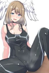 1girls angel_wings arm_support big_breasts blue_eyes blush breasts brown_hair busty cameltoe cleavage covered_navel eunie_(xenoblade) female female_only large_breasts latte_daruta2 legs looking_at_viewer pussy_juice short_hair sitting smile solo spread_legs sweat thighs voluptuous wings xenoblade_(series) xenoblade_chronicles_3