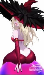 1girls ass back black_nails blonde_hair character_request cream_hair dress female hat nail_polish painted_nails pale_skin red_dress sheepus witch witch_hat yellow_eyes