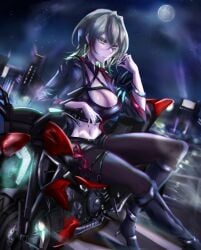 1girls biker_girl breasts_out diabellestarr_the_dark_witch duel_monster large_breasts looking_at_viewer motorcycle yu-gi-oh!