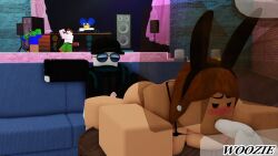 1girls 2boys 3d background_characters blowjob blushing bra bra_aside bunny_ears dialogue looking_down penis roblox robloxian tagme threesome woozwooz4