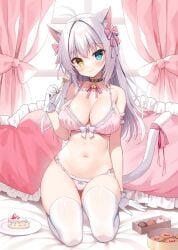 bedroom bell_collar blush cake cat_ears cat_tail catgirl collar collar_bell confectionery fork gloves hairbow heart-shaped_pillow heterochromia huge_breasts lingerie long_hair multicolored_eyes pink_bra pink_panties smile thick_thighs thighs underwear white_hair