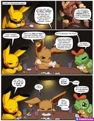 anthro breasts caterpie caterpillar club comic dialogue drinking ear_piercing eevee embarrassed eye_contact furry gambling lagomorph larva looking_at_another lopunny male mega_evolution mega_lopunny modca pikachu pokémon_(species) pokemon pokemon_(species) poker rodent smoking text thick_thighs trio