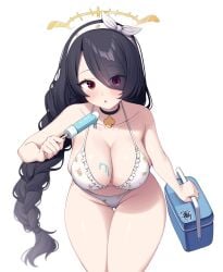 1girls bent_over bikini black_hair blue_archive blush box female female_only hinata_(blue_archive) hinata_(swimsuit)_(blue_archive) huge_breasts ice_cream light-skinned_female light_skin looking_at_viewer nun red_eyes sisterhood_(blue_archive) solo solo_female stain swimsuit thick_thighs trinity_general_school_student wide_hips