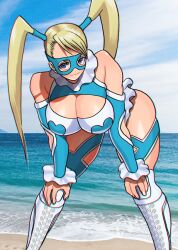 1girls akisu_k bent_over big_breasts blonde_hair blue_clothing blue_eyes boots capcom exposed_shoulders female hearts hips looking_at_viewer mask rainbow_mika smirk smirking_at_viewer street_fighter street_fighter_alpha_3 thighs twintails wrestler_costume