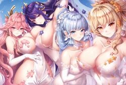 4girls aata1007 animal_ears asymmetrical_docking bare_shoulders blonde_hair blue_eyes blue_hair blunt_bangs blush breast_press breasts cleavage collarbone docking dress earrings elbow_gloves female_only flower fox_ears genshin_impact gloves hair_flower hair_ornament highres jewelry kamisato_ayaka large_breasts light_blue_hair long_hair looking_at_viewer mole mole_under_eye multiple_girls pink_hair ponytail purple_eyes purple_hair raiden_shogun sidelocks smile very_long_hair voluptuous wedding_dress white_dress white_gloves yae_miko yellow_eyes yoimiya_(genshin_impact)