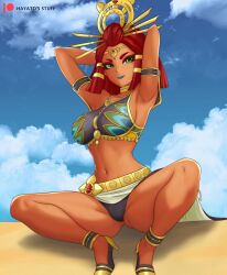 1girls 2023 armpits arms_behind_head ass_visible_through_thighs dark-skinned_female dark_skin female female_only gerudo hayato_stuff nintendo riju tears_of_the_kingdom the_legend_of_zelda thick_thighs wide_hips