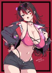 1girls belly_button bikini bikini_top black_hair breasts female female_only heart_tattoo huge_breasts indie_virtual_youtuber jacket light-skinned_female light_skin monokichi open_jacket piercing red_eyes red_hair rosalyn_rock shorts solo sunglasses sunglasses_on_head tattoo two_tone_hair virtual_youtuber