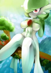 abs ashraely breast caterpie caterpillar eyes_covered female female_focus female_pokemon front_view gardevoir generation_3_pokemon hand_on_breast humanoid larva looking_at_viewer lowres nintendo no_mouth no_nipples painting_(artwork) pokémon_(species) pokemon pokemon_(species) sitting thighs tree water