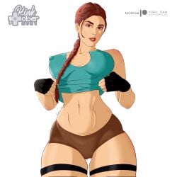 bare_midriff braid brown_eyes brown_hair busty erect_nipples female female_focus female_only hourglass_figure lara_croft lara_croft_(classic) lipstick long_hair navel nipple_bulge pinup pinup_pose standing tagme tomb_raider toned toned_female wide_hips yoru_dan