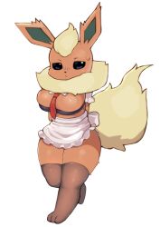 1girls 2023 big_breasts black_eyes breasts eeveelution female female_only flareon fluffy_tail furry furry_only generation_1_pokemon hands_behind_back maid maid_uniform neck_fluff orange_body orange_fur paws pokémon_(species) pokemon pokemon_(species) pokemon_rgby simple_background solo solo_female solo_focus stockings tail tenyati thick thick_ass thick_thighs tie yellow_fur yellow_hair