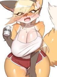 alcohol anthro anthro_only bedroom_eyes beer beer_mug big_breasts blonde_hair bloomers blush blushing breast_press breast_squeeze breasts_between_arms clothed clothing eyebrows_visible_through_hair female female_only fox fox's_sister_(kinokoningen) fox_girl furry gym_shorts gym_uniform kinokoningen long_hair looking_at_viewer multicolored_fur open_mouth open_smile orange_fur short_shorts shorts simple_background smile smiling tank_top thick_thighs wide_hips yellow_eyes