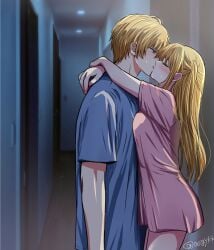 1boy absurdres asgykk blonde_hair blue_eyes blue_shirt blush breasts brother_and_sister closed_eyes commentary_request cowboy_shot door female french_kiss from_side hair_between_eyes hallway highres hoshino_aquamarine hoshino_ruby hug incest indoors kissing long_hair looking_at_another medium_breasts one_side_up oshi_no_ko pink_shirt profile shirt short_hair short_sleeves siblings sidelocks straight sweatdrop twincest twins twitter_username