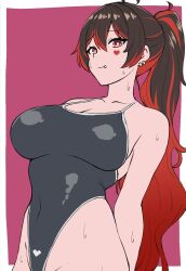 1girls belly_button belly_button_visible_through_clothing black_hair breasts clothed clothing eyebrows_visible_through_hair female female_only heart_tattoo huge_breasts indie_virtual_youtuber light-skinned_female light_skin nicchi_sangyou one-piece_swimsuit ponytail red_eyes red_hair rosalyn_rock solo swimsuit tattoo two_tone_hair virtual_youtuber wet wet_skin