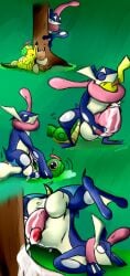 amphibian anthro anthro_on_feral anus balls big_balls caterpie caterpillar cock_vore cum eevee grass greninja half-closed_eyes hi_res larva no_humans nutty123 penis pikachu pokemon pokemon_(species) rape sleeping tongue tree vore webbed_feet