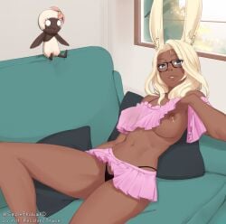 1girls blonde_hair blue_eyes dark-skinned_female final_fantasy_xiv flashing_breasts glasses laying_on_couch simple-phobiaxd viera