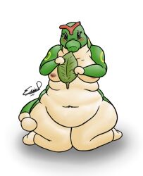 anthro areolae artist_signature belly blush breasts caterpie caterpillar eddy_okapi eyelashes eyes female female_only front_view holding_object kneeling larva looking_at_viewer lowres nipples no_humans obese obese_female pokémon_(species) pokemon thunder_thighs white_background