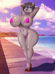 1girls big_breasts bikini child_bearing_hips dracojeff female furry grey_fur high_heels phyco shiny_breasts shiny_skin tropical wolf