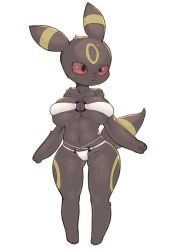 1girls 2023 big_breasts black_body black_eyes black_fur breast_squish breasts cute eeveelution female female_only furry furry_only generation_2_pokemon navel paws pokémon_(species) pokemon pokemon_(species) pokemon_gsc red_sclera simple_background sweat swimwear tail tenyati umbreon