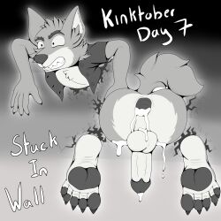 anthro bodily_fluids bottomless canid canine canis clothed clothing cum cum_inside dreamworks erection feet foot_fetish foxkai gaping genital_fluids genitals hi_res inktober inktober_2023 kinktober leaking_cum male male/male mammal mr._wolf_(the_bad_guys) pawpads penis questionable_consent soles solo solo_focus stuck the_bad_guys through_wall wolf