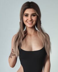 1girls 3d ai_generated black_clothing blonde_hair blue_eyes cybertemptation ellie_(the_last_of_us) ellie_williams female female_focus female_only freckles front_view looking_at_viewer medium_hair naughty_dog smile smiling solo_female tattoo tattooed_arm the_last_of_us the_last_of_us_2