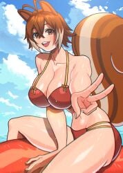 1girls akisu_k ass big_breasts bikini blazblue brown_eyes brown_hair female makoto_nanaya monster_girl peace_sign posing red_bikini_bottom red_bikini_top short_hair smiling solo solo_female solo_focus squirrel_ears squirrel_humanoid squirrel_tail thighs voluptuous voluptuous_female wet_body