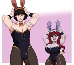 1boy 1girls abs absurd_res big_breasts black_hair bulge bunny_ears bunny_ears_(cosmetic) bunny_pose bunny_tail bunnysuit detached_collar easter female green_eyes grey_(little_ddraig) league_of_legends little_ddraig long_hair looking_at_viewer male medium_hair muscular muscular_female muscular_male orange_eyes original_character pantyhose penis_bulge pose red_hair scar scar_across_eye scar_on_face scars_all_over shortstack size_difference smiling smiling_at_viewer wrist_cuffs yordle