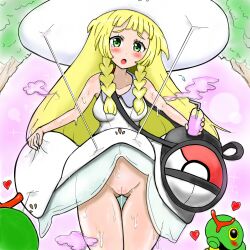 1girls aphrodisiac assisted_exposure bag bamboo_top blush breasts caterpie caterpillar cum cum_on_body drawn dress dress_lift drink drugged exposed_pussy female female_focus female_only front_view hair hat heart larva lillie_(pokemon) looking_at_viewer no_panties pokémon_(species) pokemon pussy pussy_juice pussy_juice_drip sweat tears thick_thighs tree