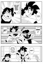 1girls 2boys attack black_and_white breasts chichi comic dragon_ball dragon_ball_super dragon_ball_z english_text funsexydragonball looking_back monochrome page_2 sharp_fingernails son_gohan son_gohan_(young) son_goku sweatdrop