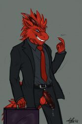 balls deezmo diasis dragon erection furred_dragon horn humanoid_penis looking_at_viewer male male_only necktie penis precum red_dragon solo standing suit uncut unzipped