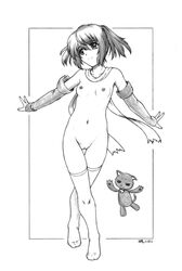 bell bell_collar border border_break collar collarbone feline female full_body graphite_(medium) greyscale harumachi_nagaaki highres monochrome navel nude pussy scarf simple_background small_breasts smile solo thighhighs tied_hair traditional_media twintails white_background