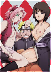 2girls areola areolae arms bare_shoulders belly black_eyes black_hair blonde_hair blue_eyes boots breasts chest clenched_teeth clothed eyebrows eyelashes female fingernails fingers flat_chest forehead_protector green_eyes grin hairband hand_on_head hands hands_on_head hands_on_shoulders head_band headband human knees konohagakure_symbol legs lips looking_at_viewer male multiple_girls naruto naruto_shippuden neck nipples one_eye_closed open_clothes open_shirt pink_hair sakura_haruno shirt shizune short_hair shorts small_areolae small_breasts small_nipples smile spiky_hair stomach straight teeth thighs topless uzumaki_naruto