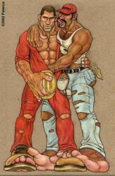 2002 2boys archived_source ass bara bulge construction_helmet construction_worker dark_skin dated gay jeans light_skin lowres male male_only muscular nipples_visible_through_clothing original pedro_palanca penis tank_top ugly_bastard yaoi