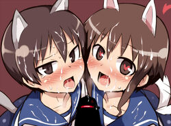 2girls animal_ears blush brown_hair censored clothing cum cum_on_body cum_on_clothes cum_on_hair cum_on_upper_body facial heart heart-shaped_pupils multiple_girls null_(nyanpyoun) one-piece_swimsuit school_swimsuit school_uniform serafuku short_hair strike_witches sweatdrop swimsuit symbol-shaped_pupils tail takei_junko tan tears threesome wakamoto_tetsuko world_witches_series