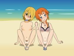 2girls after_sex anus beach bikini blonde_hair breasts cleavage collar cum female fingering freckles hand_holding heart_necklace inverted_nipples kisekae_2 multiple_girls nipples orange_hair original outdoors pubic_hair pussy pussy_juice sandals swimsuit tanline yuri