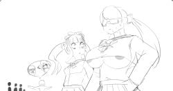1boy 2025 2girls areola_slip areolae big_breasts boxman breast_envy breast_size_difference breasts comparison female glasses hi_res high_resolution highres hiruko_shizuhara jealous large_breasts male midriff school_uniform schoolgirl sketch small_breasts sweat sweating the_hundred_line_-last_defense_academy- tsukumo_ima tsukumo_kako twintails underboob